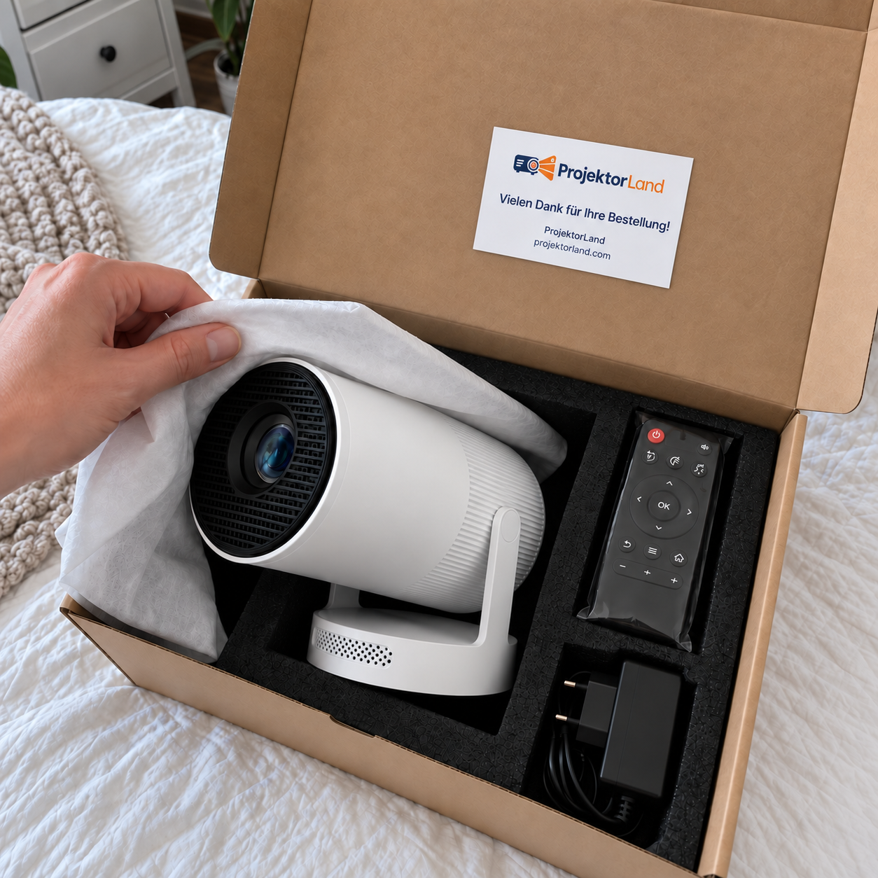 Luma One Mini-Beamer mit Fernbedienung und Netzteil in geöffneter Verpackung