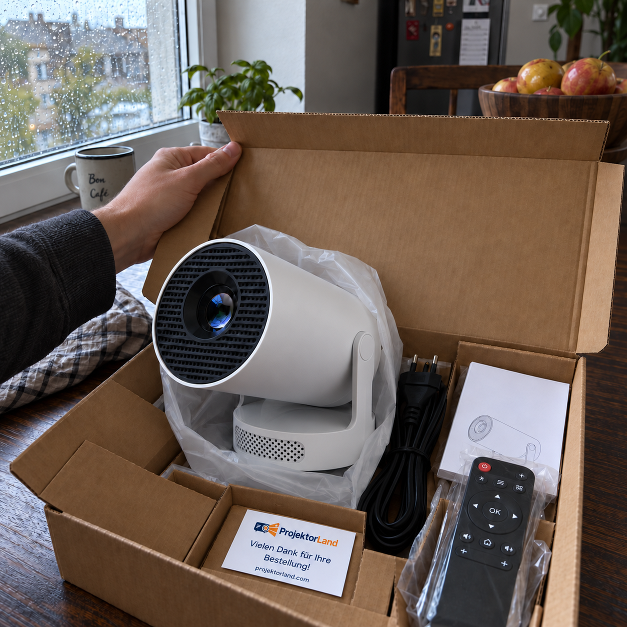 Luma One Mini-Beamer wird mit Zubehör aus seiner Verpackung ausgepackt