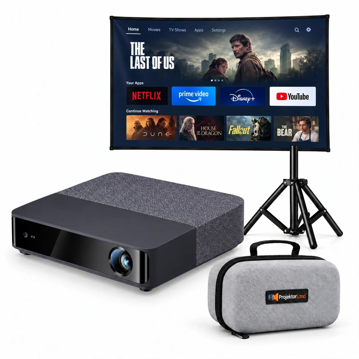 Aura Laser Beamer mit Leinwand, Stativ und grauer Schutztasche