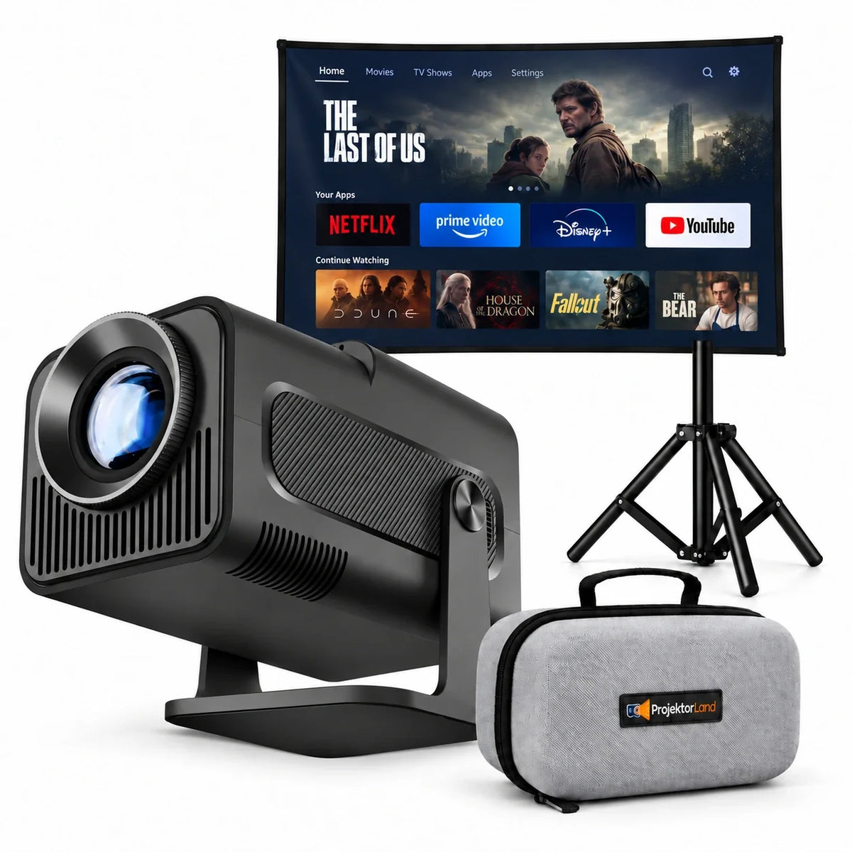 Nomad Mini Beamer mit Leinwand, Stativ und grauer Schutztasche