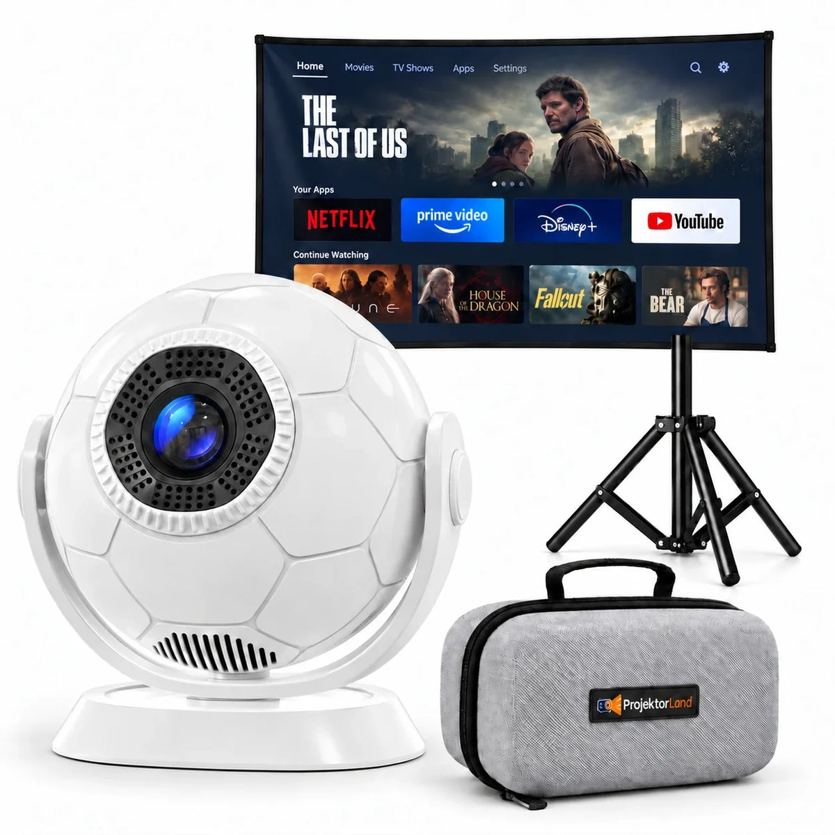 Orbit Beamer mit Leinwand, Stativ und grauer Schutztasche