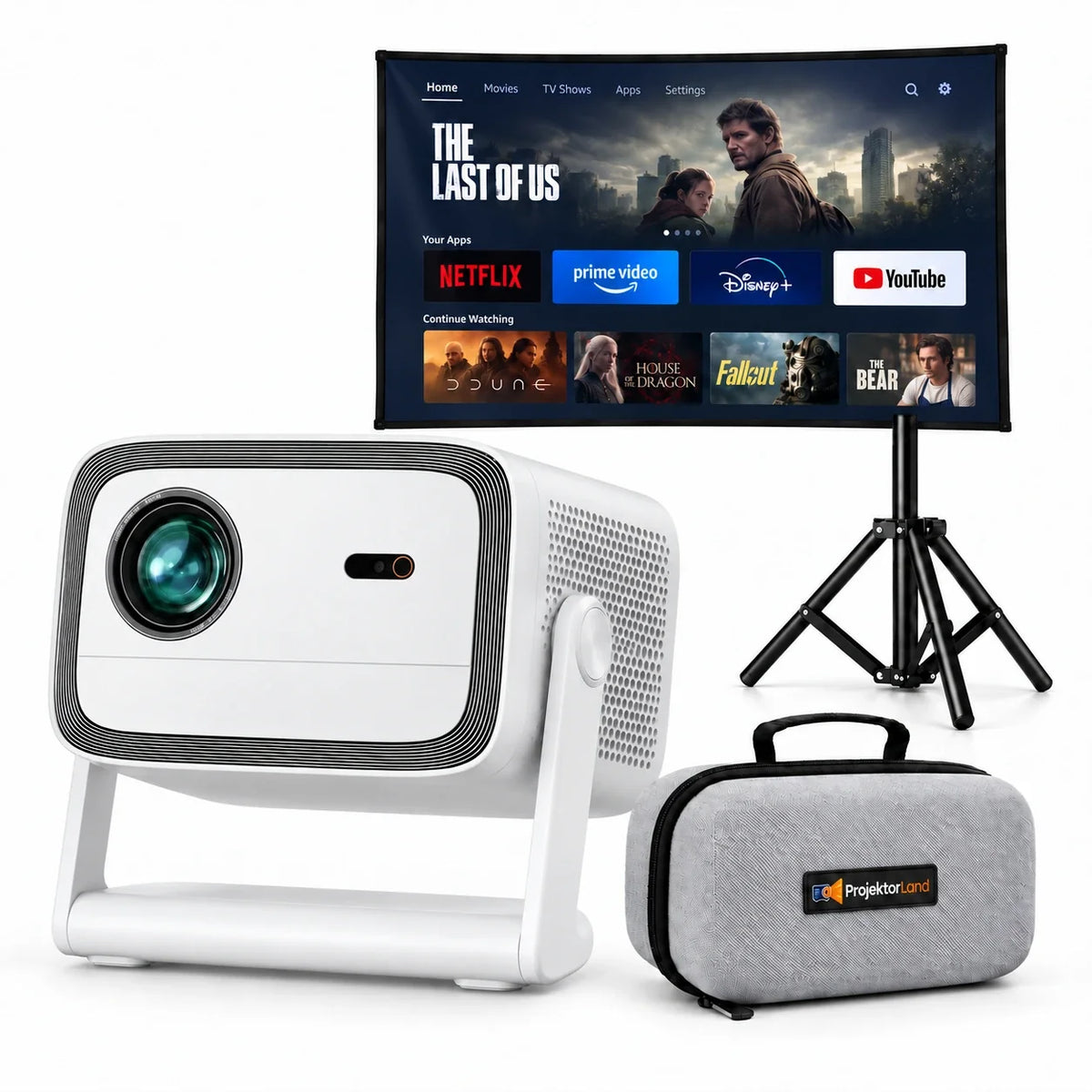 Projektor Projektorland Panorama – 900 ANSI-lumen, Full HD 1080p, Android TV 11, autofokus och 200° stativ