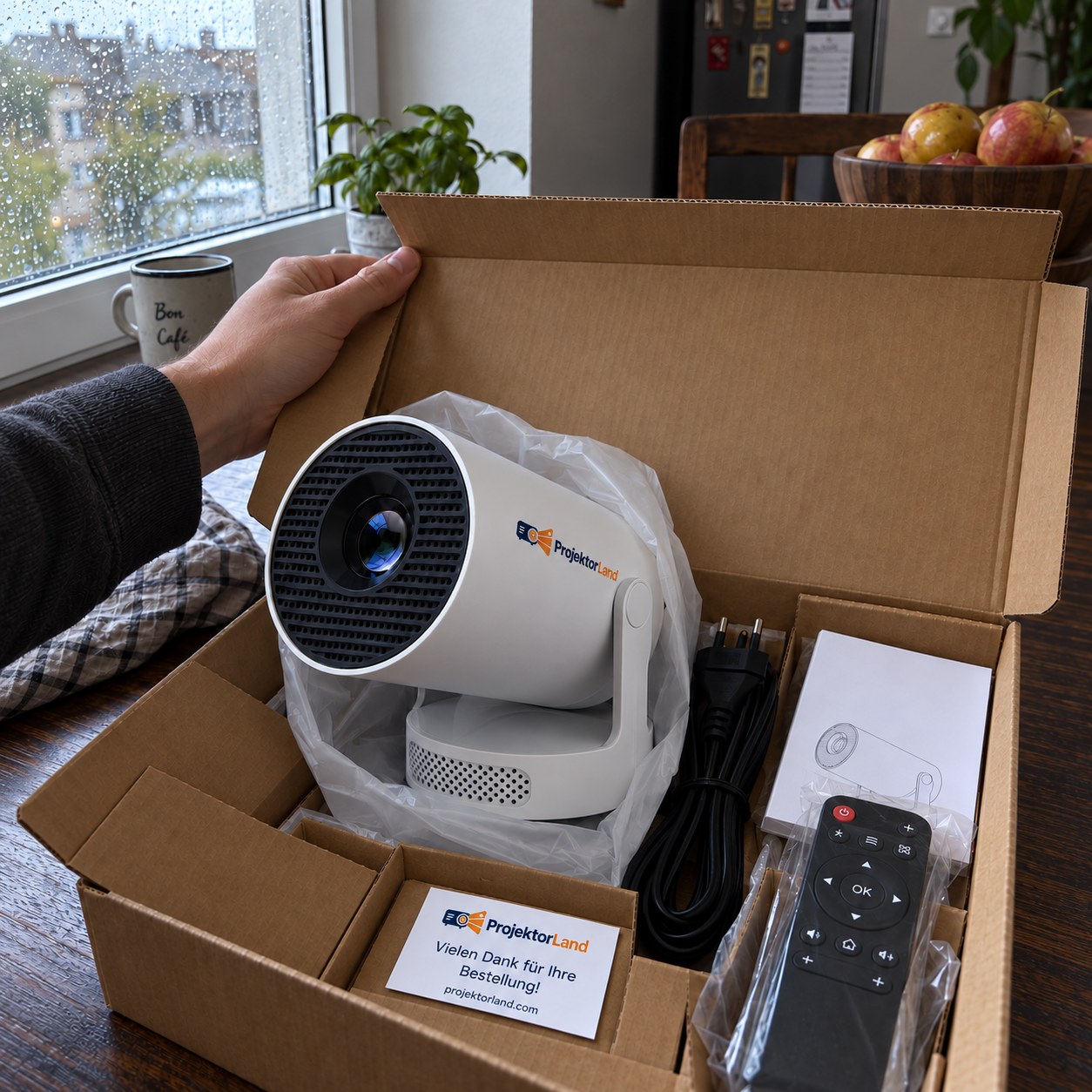Luma One Mini-Beamer wird mit Zubehör aus seiner Verpackung ausgepackt