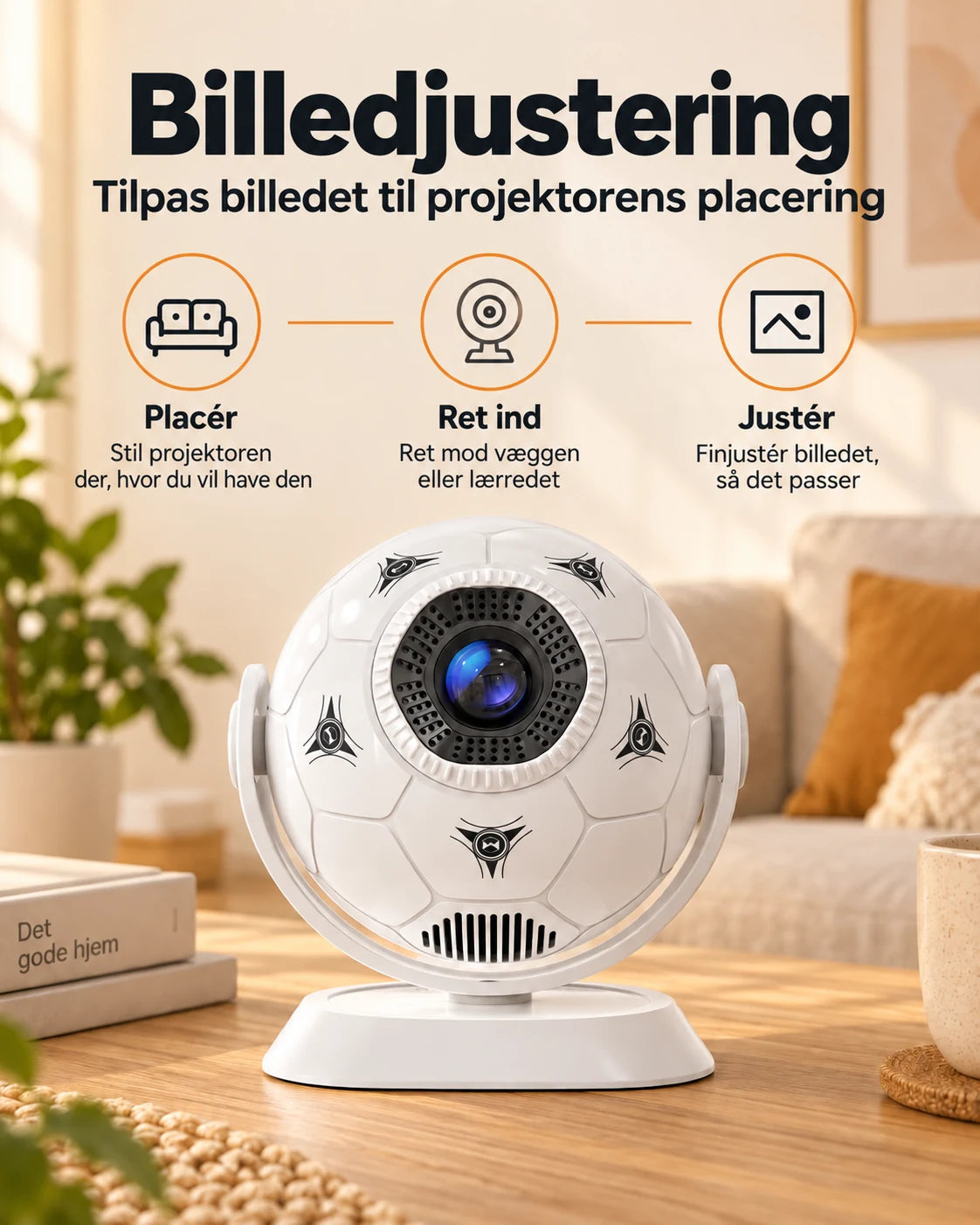 ProjektorLand Orbit mini-projektor – 300 ANSI lumen, Android 14, Wi-Fi, Bluetooth 5.4 og 35–135 tommer billede