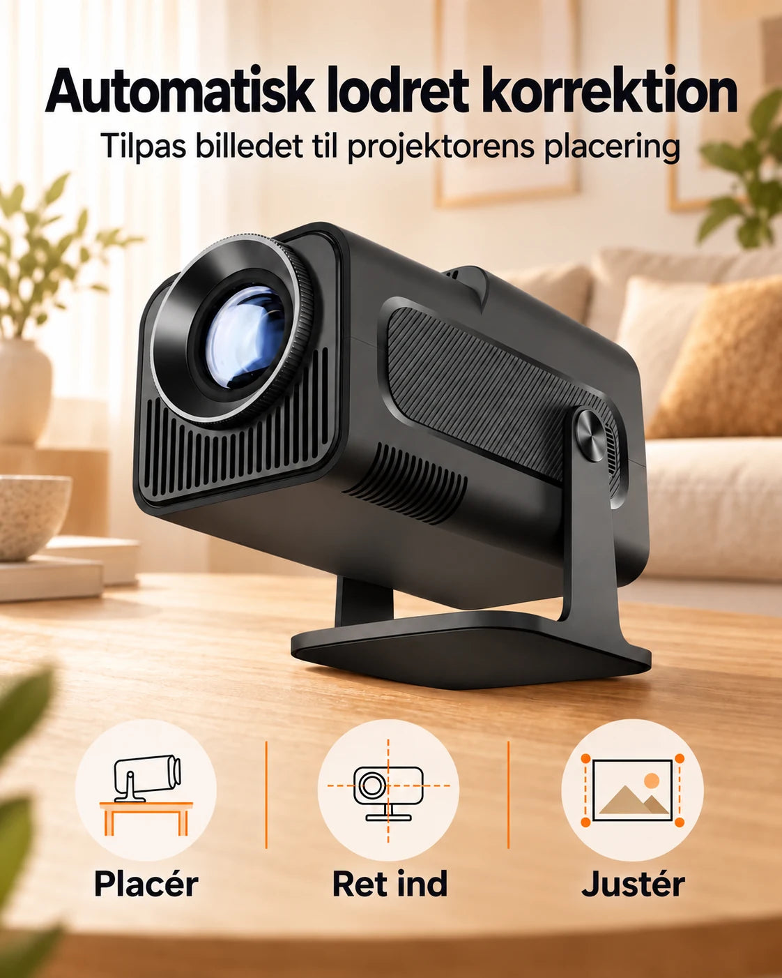 ProjektorLand Nomad Mini projektor – 300 ANSI lumens, oprindelig HD 720p, Android 11, Wi-Fi 6, Bluetooth og 180° rotation