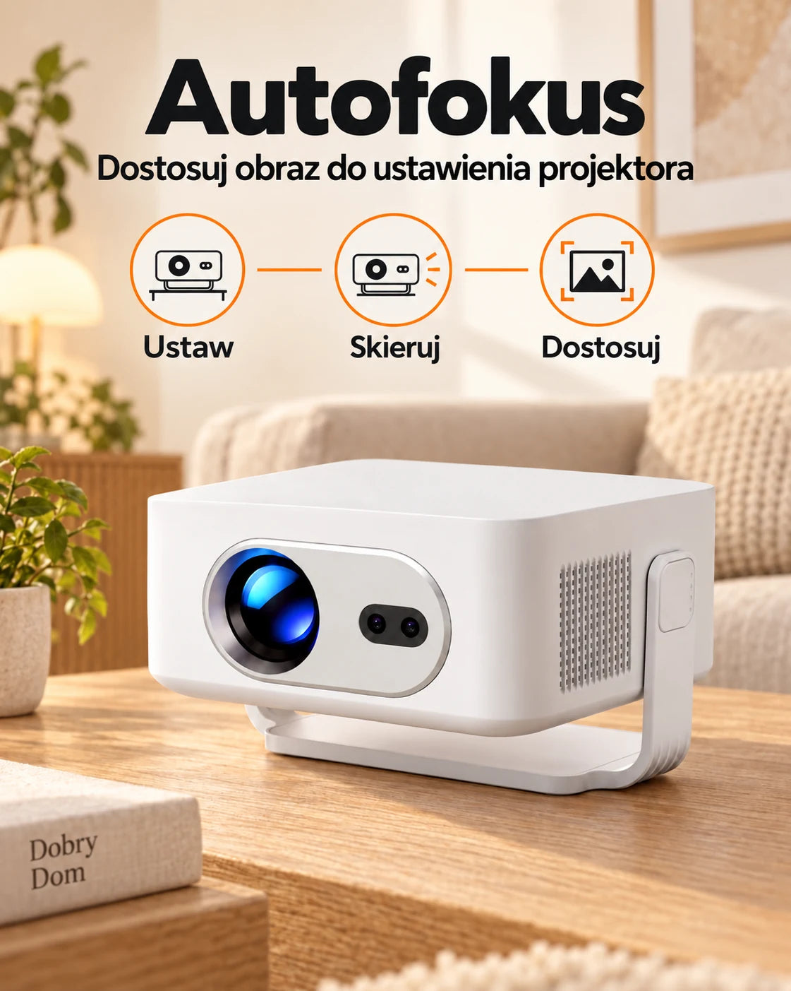 ProjektorLand Vista Max – mini projektor 260 ANSI lumens, natywna rozdzielczość HD 720p, automatyczna ostrość, Android 14 i Wi-Fi 6