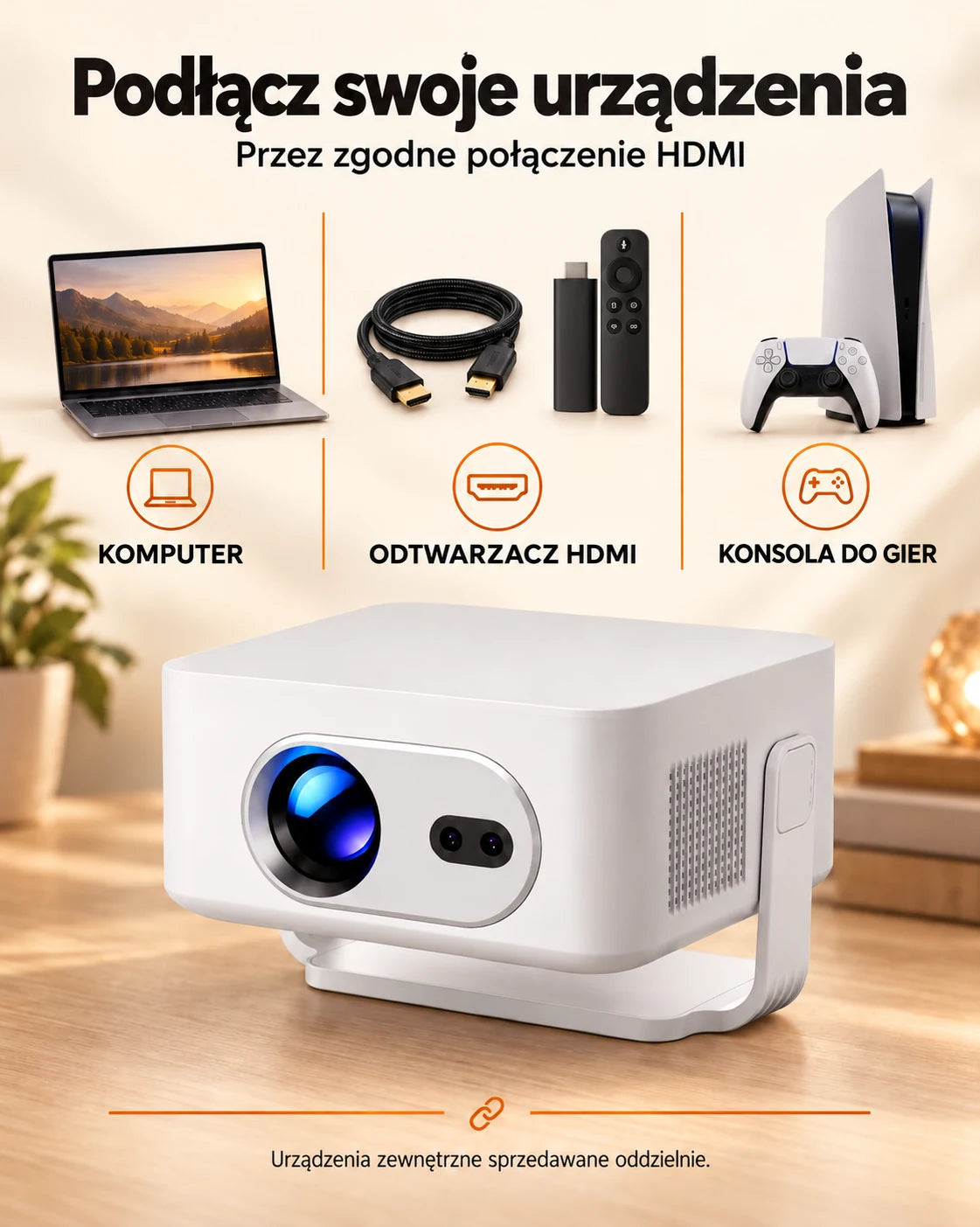 ProjektorLand Vista Max – mini projektor 260 ANSI lumens, natywna rozdzielczość HD 720p, automatyczna ostrość, Android 14 i Wi-Fi 6