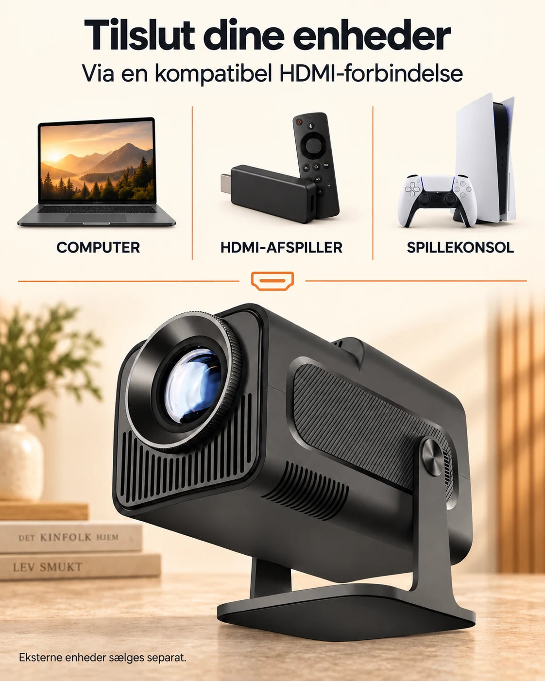 ProjektorLand Nomad Mini projektor – 300 ANSI lumens, oprindelig HD 720p, Android 11, Wi-Fi 6, Bluetooth og 180° rotation