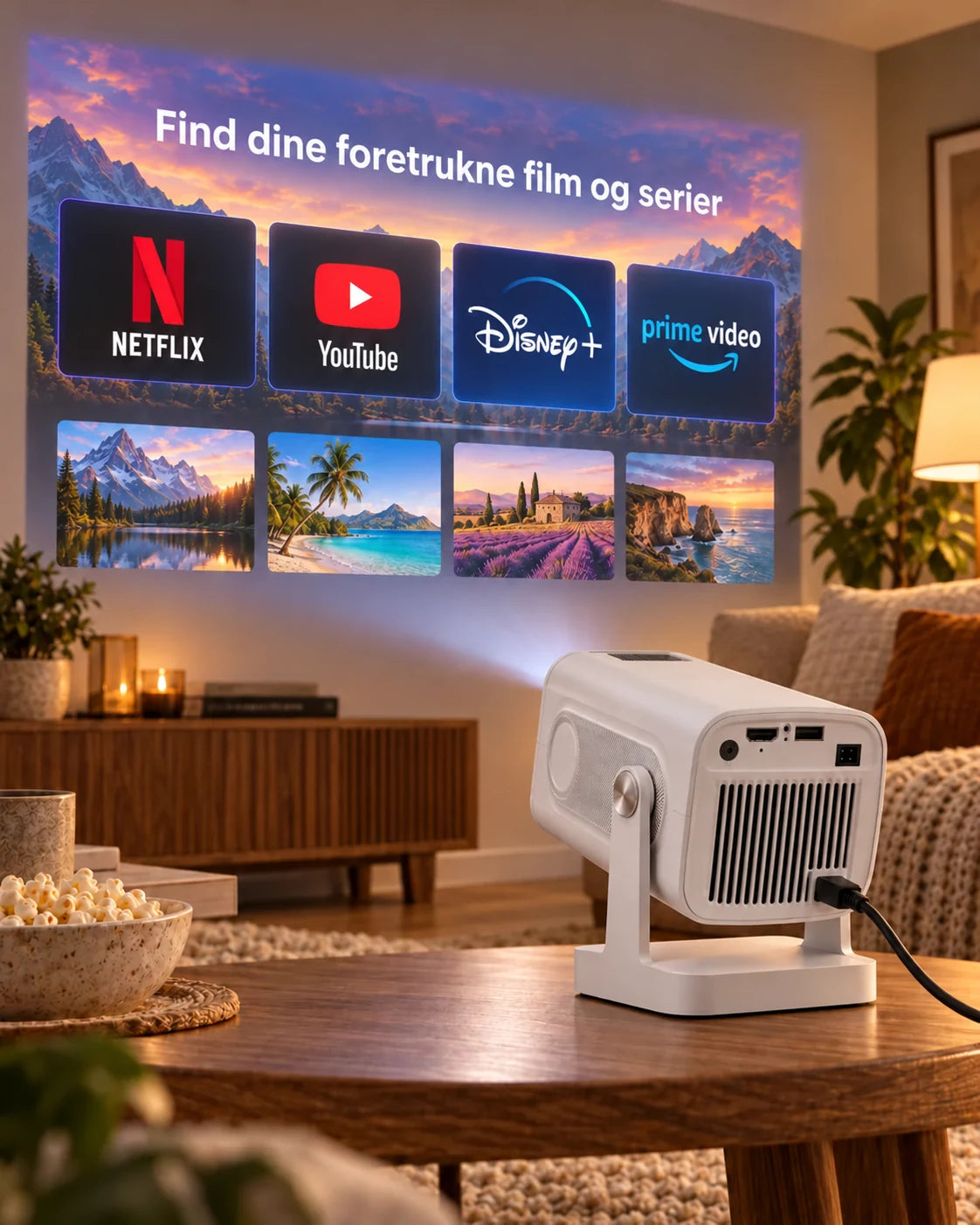 ProjektorLand Nova mini-projektor – 260 ANSI lumen, oprindelig Full HD 1080p, Android, Wi-Fi 6 og Bluetooth 5.4