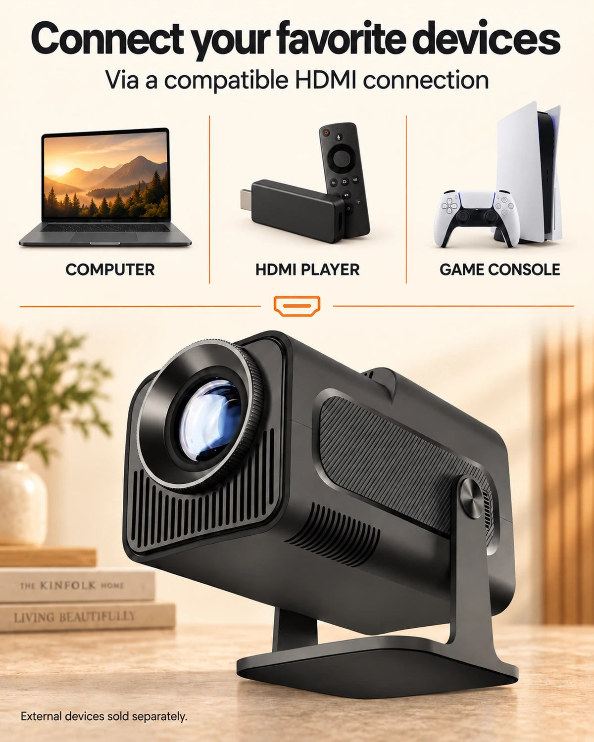 ProjektorLand Nomad Mini projector – 300 ANSI lumens, native HD 720p, Android 11, Wi-Fi 6, Bluetooth and 180° rotation