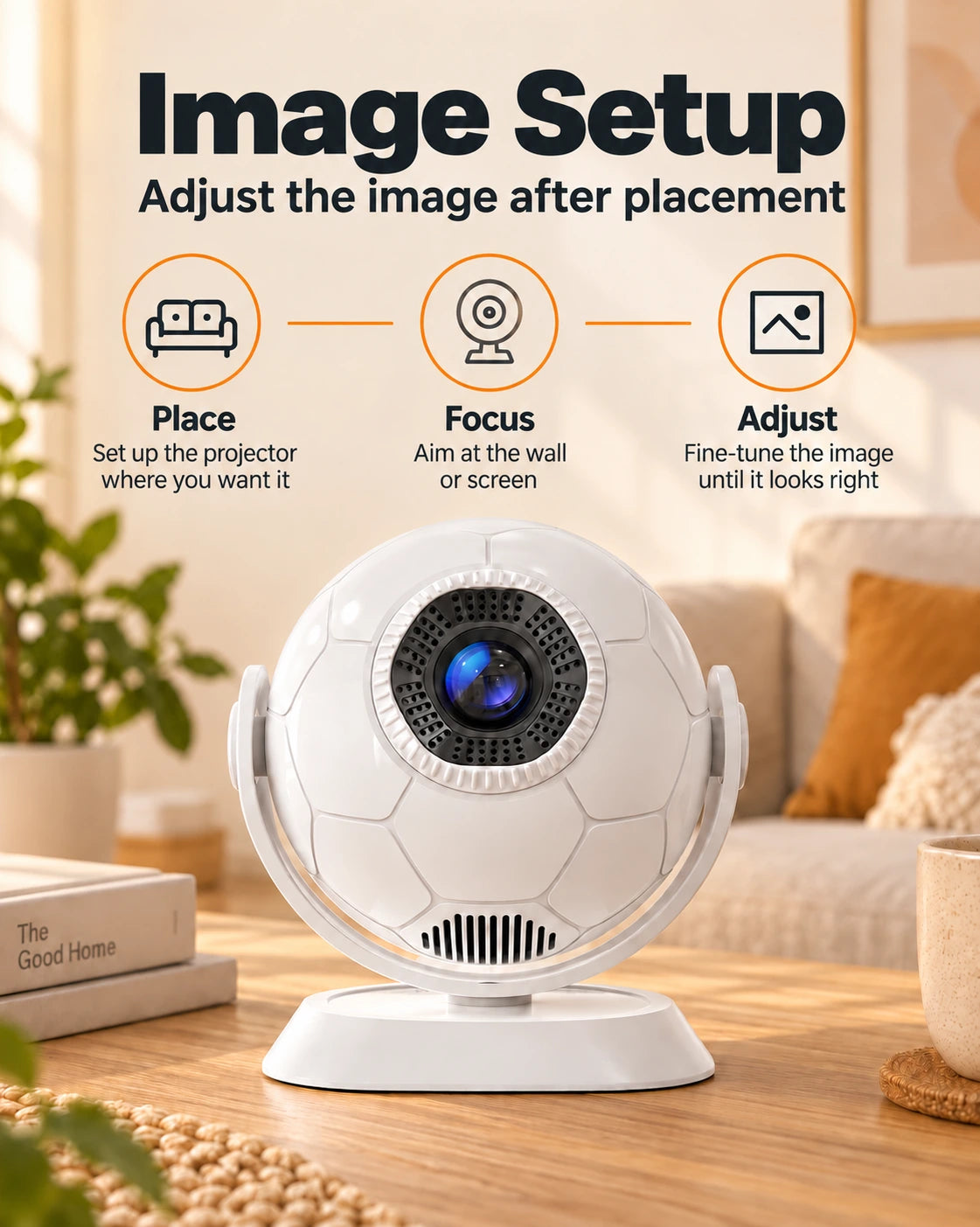 ProjektorLand Orbit mini projector – 300 ANSI lumens, Android 14, Wi-Fi, Bluetooth 5.4 and 35–135-inch image
