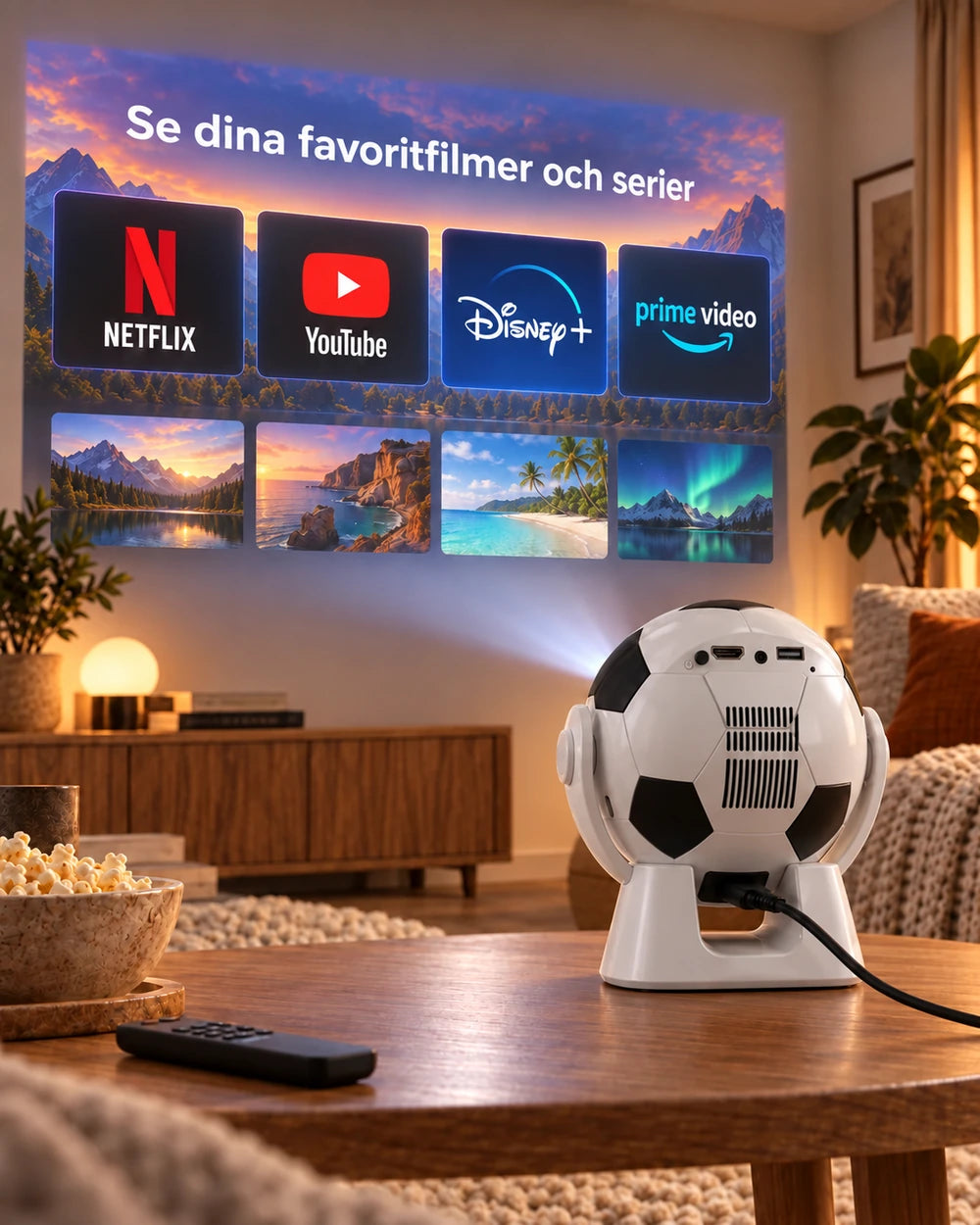 Miniprojektor Projektorland Orbit – 300 ANSI-lumen, Android 14, Wi-Fi, Bluetooth 5.4 och 35–135 tum